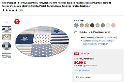 Otto.de - 20% Rabatt auf Teppiche und Teppichböden: z.B. Lüttenhütt 120 cm Kinderteppich "Stern", versch, Farben - jetzt 20% billiger