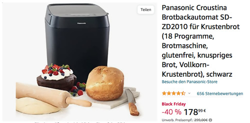 Panasonic Croustina Brotbackautomat SD-ZD2010 in Schwarz (18 Programme, 2 Brotgrößen) Panasonic Croustina Brotbackautomat SD-ZD2010 in Schwarz (18 Programme, 2 Brotgrößen)