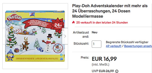 Play-Doh F2377 Adventskalender mit mehr als 24 Überraschungen, 24 Dosen Modelliermasse Play-Doh F2377 Adventskalender mit mehr als 24 Überraschungen, 24 Dosen Modelliermasse