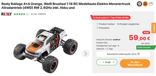 Reely RaVage 4x4 1:16 RC Elektro Monstertruck in Orange/Weiß (4WD, RtR 2,4GHz, LED-Scheinwerfer) Reely RaVage 4x4 1:16 RC Elektro Monstertruck in Orange/Weiß (4WD, RtR 2,4GHz, LED-Scheinwerfer)