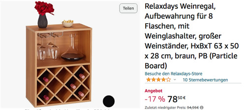 Relaxdays 63 x 50 x 28 cm Weinregal für 8 Flaschen (Holzwerkstoff, Weinglashalter) - jetzt 17% billiger