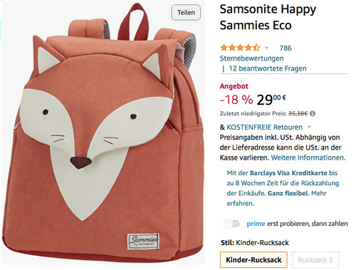 Samsonite Happy Sammies Kinder-Rucksack S Fox William, 26 x 15 x 33 cm Samsonite Happy Sammies Kinder-Rucksack S Fox William, 26 x 15 x 33 cm