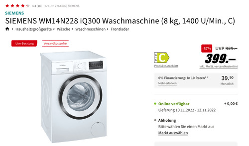 SIEMENS WM14N228 iQ300 Waschmaschine (8 kg, 1400 U/Min., C) - jetzt 13% billiger