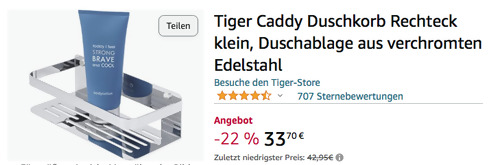 Tiger 1400030346 Caddy Duschkorb Rechteck klein (24 x 7 x 10,6 cm, Edelstahl verchromt) - jetzt 21% billiger