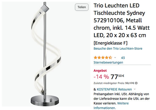 Trio Leuchten LED Tischleuchte Sydney (14.5 Watt, 1.300 Lumen, 63 cm) - jetzt 14% billiger Trio Leuchten LED Tischleuchte Sydney (14.5 Watt, 1.300 Lumen, 63 cm) - jetzt 14% billiger