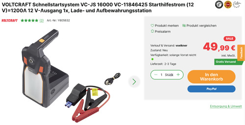 VOLTCRAFT Schnellstartsystem VC-JS 16000 VC-11846425 Starthilfestrom (12 V, 16000 mAh, LED-Taschenlampe, Powerbank) VOLTCRAFT Schnellstartsystem VC-JS 16000 VC-11846425 Starthilfestrom (12 V, 16000 mAh, LED-Taschenlampe, Powerbank)