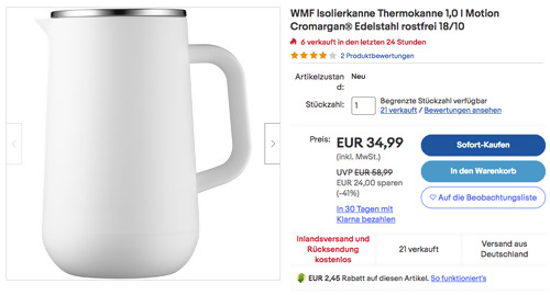 WMF 0690707410 1,0 l Isolierkanne Thermokanne in Weiß (Glaseinsatz, Drehverschluss, 23,4cm) WMF 0690707410 1,0 l Isolierkanne Thermokanne in Weiß (Glaseinsatz, Drehverschluss, 23,4cm)