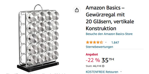 Amazon Basics Gewürzregal mit 20 Gläsern, vertikale Konstruktion - jetzt 22% billiger Amazon Basics Gewürzregal mit 20 Gläsern, vertikale Konstruktion - jetzt 22% billiger