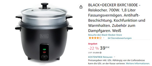 BLACK+DECKER BXRC1800E - Reiskocher, 1,8 Liter Fassungsvermögen - jetzt 20% billiger BLACK+DECKER BXRC1800E - Reiskocher, 1,8 Liter Fassungsvermögen - jetzt 20% billiger