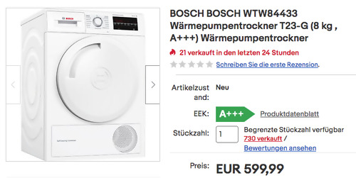BOSCH WTW84433 Wärmepumpentrockner (8 kg , A+++) - jetzt 10% billiger BOSCH WTW84433 Wärmepumpentrockner (8 kg , A+++) - jetzt 10% billiger