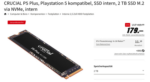 Crucial P5 Plus 2 TB SSD M.2 via NVMe interne Festplatte, Playstation 5 kompatibel Crucial P5 Plus 2 TB SSD M.2 via NVMe interne Festplatte, Playstation 5 kompatibel