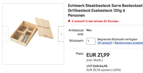 Echtwerk 12 tlg. Steakbesteck SARRE (6x Steakmesser, 6x Steakgabeln) - jetzt 27% billiger