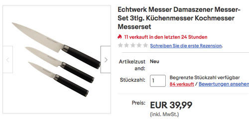 Echtwerk EW-DM-0375 3tlg. Damaszener Messer?Set (Kochmesser, Santokumesser, Schälmesser) - jetzt 34% billiger Echtwerk EW-DM-0375 3tlg. Damaszener Messer?Set (Kochmesser, Santokumesser, Schälmesser) - jetzt 34% billiger