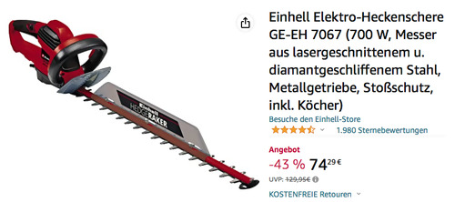 Einhell Elektro-Heckenschere GE-EH 7067 (700 W, 67 cm Schnittlänge) Einhell Elektro-Heckenschere GE-EH 7067 (700 W, 67 cm Schnittlänge)