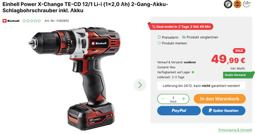 Einhell Power X-Change TE-CD 12/1 Li-i (1x2,0 Ah) 2-Gang-Akku-Schlagbohrschrauber inkl. Akku Einhell Power X-Change TE-CD 12/1 Li-i (1x2,0 Ah) 2-Gang-Akku-Schlagbohrschrauber inkl. Akku