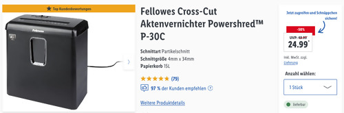 Fellowes Cross-Cut Aktenvernichter Powershred™ P-30C (15L Papierkorb) Fellowes Cross-Cut Aktenvernichter Powershred™ P-30C (15L Papierkorb)