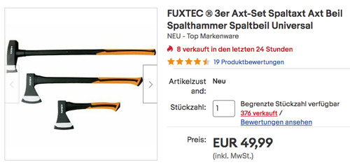 FUXTEC FX-AX3 Axt-Set (854g Beil, 1536g Axt, 3800g Spaltaxt) FUXTEC FX-AX3 Axt-Set (854g Beil, 1536g Axt, 3800g Spaltaxt)