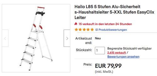 Hailo L85 5 Stufen Alu-Sicherheits-Haushaltsleiter, 187 cm Gesamthöhe Hailo L85 5 Stufen Alu-Sicherheits-Haushaltsleiter, 187 cm Gesamthöhe