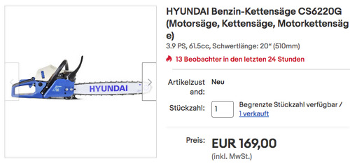 HYUNDAI Benzin-Kettensäge CS6220G (3.9 PS, 61.5cc, Schwertlänge: 20 (510mm)) HYUNDAI Benzin-Kettensäge CS6220G (3.9 PS, 61.5cc, Schwertlänge: 20 (510mm))