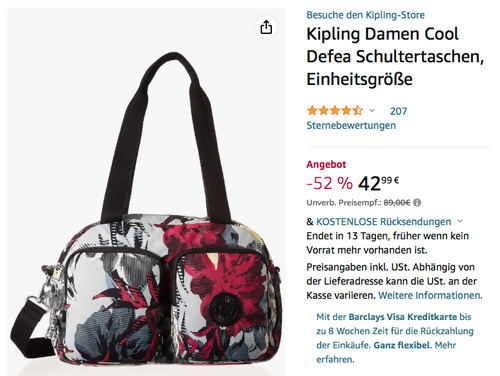 Kipling Damen Cool Defea Schultertasche "Lässige Blume", 22 x 33 x 12,5 cm Kipling Damen Cool Defea Schultertasche "Lässige Blume", 22 x 33 x 12,5 cm