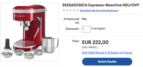 KitchenAid 5KES6503ECA Espresso-Maschine (15 bar, 4 Einsätze, 1,4 Liter) - jetzt 11% billiger KitchenAid 5KES6503ECA Espresso-Maschine (15 bar, 4 Einsätze, 1,4 Liter) - jetzt 11% billiger