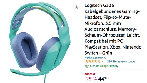 Logitech G335 Gaming-Headset in Mint, 3,5 mm Audioanschluss Logitech G335 Gaming-Headset in Mint, 3,5 mm Audioanschluss