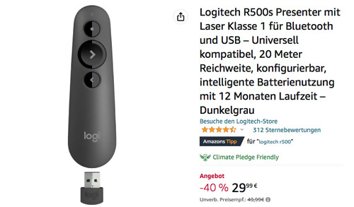 Logitech R500s Presenter in Dunkelgrau, 20 Meter Reichweite Logitech R500s Presenter in Dunkelgrau, 20 Meter Reichweite