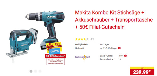 Makita DK18113X1 Kombo Kit: Stichsäge + Akkuschrauber + Transporttasche inkl. 50 Filial-Gutschein Makita DK18113X1 Kombo Kit: Stichsäge + Akkuschrauber + Transporttasche inkl. 50 Filial-Gutschein