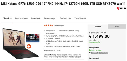 MSI Katana GF76 12UG-090 17" Gaming-Laptop (FHD, 144Hz, i7-12700H, 16GB/1TB SSD, RTX3070, Win11) MSI Katana GF76 12UG-090 17" Gaming-Laptop (FHD, 144Hz, i7-12700H, 16GB/1TB SSD, RTX3070, Win11)