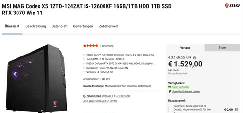MSI MAG Codex X5 12TD-1242AT Gaming-PC (i5-12600KF, 16GB, 1TB HDD, 1TB SSD, RTX 3070, Win 11) MSI MAG Codex X5 12TD-1242AT Gaming-PC (i5-12600KF, 16GB, 1TB HDD, 1TB SSD, RTX 3070, Win 11)