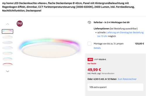 my home LED Deckenleuchte "Nane" mit Regenbogen-Effekt (Ø 42cm, dimmbar, 2400 Lumen, Nachtlichtfunktion) - jetzt 9% billiger