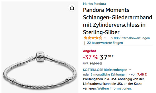 Pandora 590702HV-20 Moments Schlangen-Gliederarmband (20 cm, Sterling-Silber, Zylinderverschluss) Pandora 590702HV-20 Moments Schlangen-Gliederarmband (20 cm, Sterling-Silber, Zylinderverschluss)