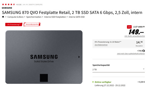 SAMSUNG 870 QVO 2TB SSD Festplatte Retail (SATA 6 Gbps, 2,5 Zoll, intern) SAMSUNG 870 QVO 2TB SSD Festplatte Retail (SATA 6 Gbps, 2,5 Zoll, intern)