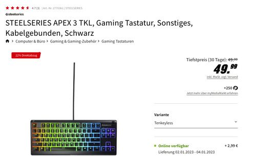 STEELSERIES APEX 3 TKL Gaming Tastatur in Schwarz STEELSERIES APEX 3 TKL Gaming Tastatur in Schwarz