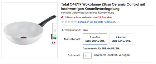 Tefal C41719 Ceramic Control Wokpfanne 28cm, Keramikversiegelung - jetzt 9% billiger Tefal C41719 Ceramic Control Wokpfanne 28cm, Keramikversiegelung - jetzt 9% billiger