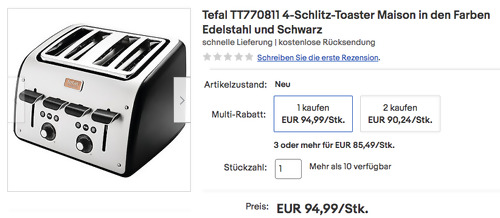 Tefal TT770811 4-Schlitz-Toaster Maison (extrabreite Schlitzen, 7 Bräunungslevels) - jetzt 9% billiger Tefal TT770811 4-Schlitz-Toaster Maison (extrabreite Schlitzen, 7 Bräunungslevels) - jetzt 9% billiger