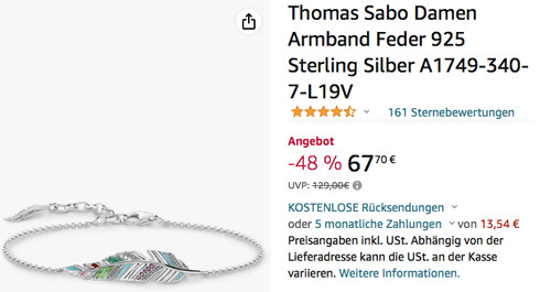 Thomas Sabo A1749-340-7-L19V Damen Armband "Feder", 925 Sterling Silber Thomas Sabo A1749-340-7-L19V Damen Armband "Feder", 925 Sterling Silber