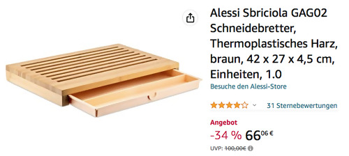 Alessi Sbriciola GAG02 Brotschneidebrett (Bambusholz, 42 x 27 x 4,5 cm) - jetzt 20% billiger Alessi Sbriciola GAG02 Brotschneidebrett (Bambusholz, 42 x 27 x 4,5 cm) - jetzt 20% billiger