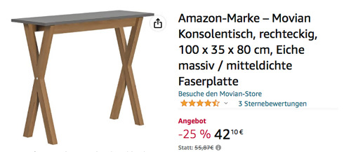 Amazon-Marke Movian 100 x 35 x 80 cm Konsolentisch, Eiche massiv / mitteldichte Faserplatte Amazon-Marke Movian 100 x 35 x 80 cm Konsolentisch, Eiche massiv / mitteldichte Faserplatte