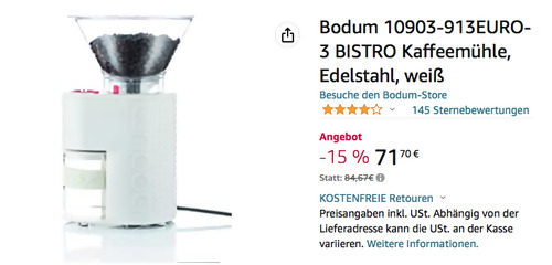 Bodum 10903 BISTRO Kaffeemühle in Weiß (160 Watt, 220 g Fassungsvermögen) Bodum 10903 BISTRO Kaffeemühle in Weiß (160 Watt, 220 g Fassungsvermögen)