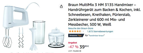 Braun MultiMix 3 HM 3135 Handmixer inkl. Schneebesen, Knethaken, Pürierstab, Zerkleinerer und 600 ml Mix- und Messbecher Braun MultiMix 3 HM 3135 Handmixer inkl. Schneebesen, Knethaken, Pürierstab, Zerkleinerer und 600 ml Mix- und Messbecher