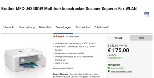 Brother MFC-J4340DW Multifunktionsdrucker (A4 Tintenstrahl, WLAN, USB 2.0), 30€ Cashback Brother MFC-J4340DW Multifunktionsdrucker (A4 Tintenstrahl, WLAN, USB 2.0), 30€ Cashback