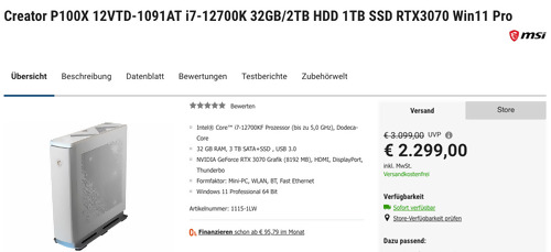 Creator P100X 12VTD-1091AT High-End Mini-PC (i7-12700K, 32GB, 2TB HDD, 1TB SSD, RTX3070, Win11 Pro) Creator P100X 12VTD-1091AT High-End Mini-PC (i7-12700K, 32GB, 2TB HDD, 1TB SSD, RTX3070, Win11 Pro)