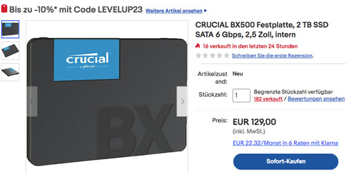 CRUCIAL BX500 2 TB SSD Festplatte (2,5 Zoll, intern, SATA 6 Gbps) CRUCIAL BX500 2 TB SSD Festplatte (2,5 Zoll, intern, SATA 6 Gbps)