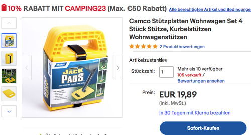 Ebay - 10% Rabatt auf Wohnwagen & Campingzubehör: z.B. Camco Stützplatten Wohnwagen 4 Stück Set Ebay - 10% Rabatt auf Wohnwagen & Campingzubehör: z.B. Camco Stützplatten Wohnwagen 4 Stück Set