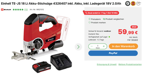Einhell TE-JS 18 Li Akku-Stichsäge inkl. Akku und Ladegerät (18V, 2.0Ah, 2400 /min) Einhell TE-JS 18 Li Akku-Stichsäge inkl. Akku und Ladegerät (18V, 2.0Ah, 2400 /min)