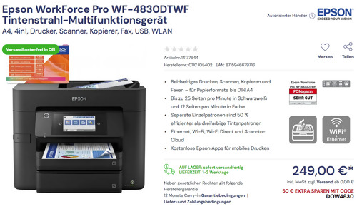 Epson WorkForce Pro WF-4830DTWF 4in1 Tintenstrahl-Multifunktionsgerät (A4, Drucker, Scanner, Kopierer, Fax, USB, WLAN) Epson WorkForce Pro WF-4830DTWF 4in1 Tintenstrahl-Multifunktionsgerät (A4, Drucker, Scanner, Kopierer, Fax, USB, WLAN)