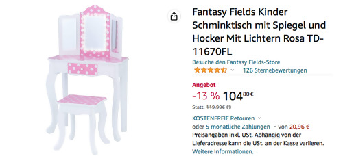 Fantasy Fields TD-11670FL Kinder Schminktisch mit Spiegel und Hocker in Rosa/Weiß, 59.7 x 29.2 x 97.8 cm - jetzt 8% billiger