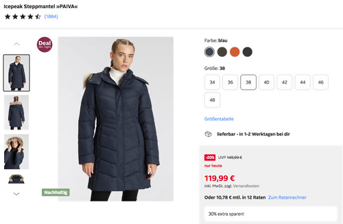 Icepeak Damen Steppmantel »PAIVA«, versch. Farben und Größen Icepeak Damen Steppmantel »PAIVA«, versch. Farben und Größen