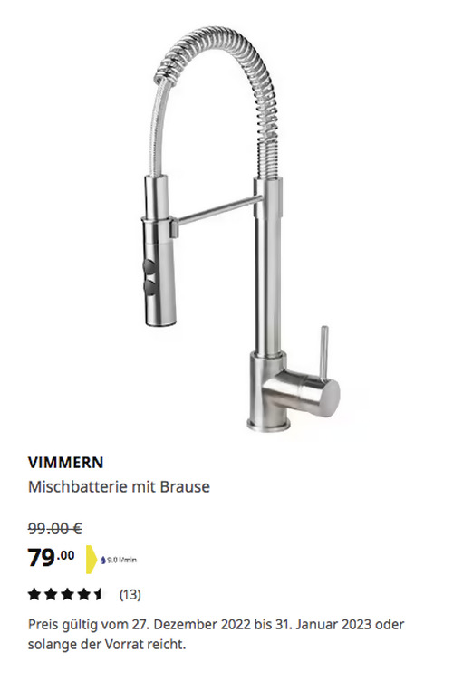 IKEA Lübeck - VIMMERN Mischbatterie mit Brause, stahlfarben - jetzt 20% billiger